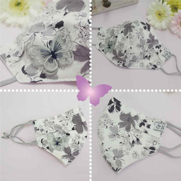 画像6: ★メール便無料★【男性/女性/子供】涼感 冷感 コットンマスク フィルタポケット付＜綿100％＞（ブロード花＆刺繍レース蝶々）