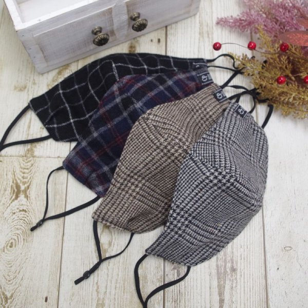 画像3: SALE★メール便無料★【男性/女性/子供】ハンドメイドマスク アジャスター ストッパー付 フィルタポケット付 ＜ウール/ツイード＞（グレンチェック/格子/タータン））