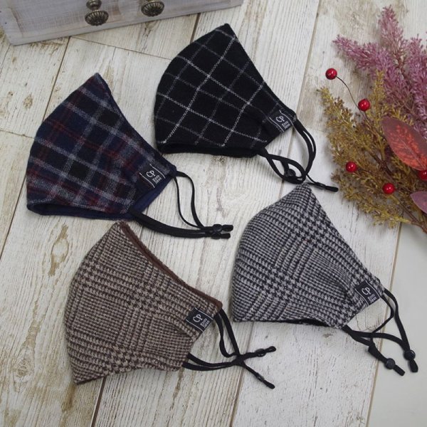 画像4: SALE★メール便無料★【男性/女性/子供】ハンドメイドマスク アジャスター ストッパー付 フィルタポケット付 ＜ウール/ツイード＞（グレンチェック/格子/タータン））